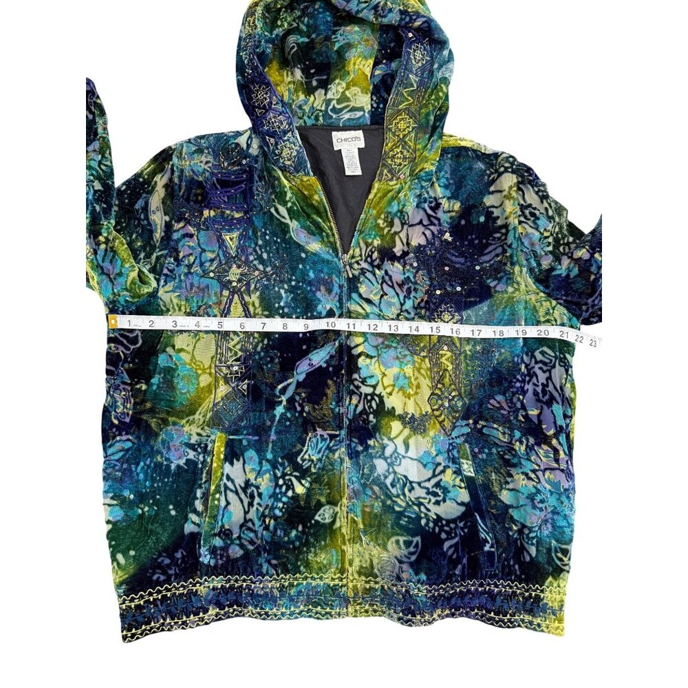 Chicos Velvet Burnout Jacket Hoodie Vintage Blue Green Fairy Boho Full-Zip Silk - Picture 5 of 7